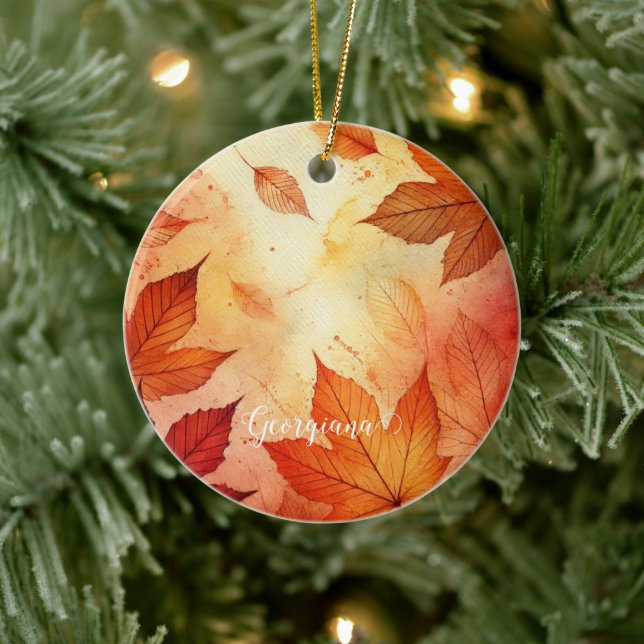 Personalized Warm Autumnal Watercolor Leaves Ceramic Ornament (Tree)