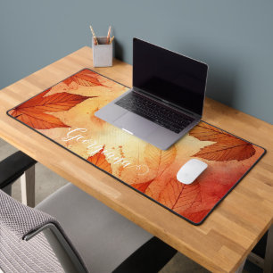 Personalized Warm Autumnal Watercolor Leaves Desk Mat