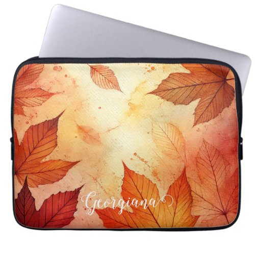 Personalized Warm Autumnal Watercolor Leaves Laptop Sleeve