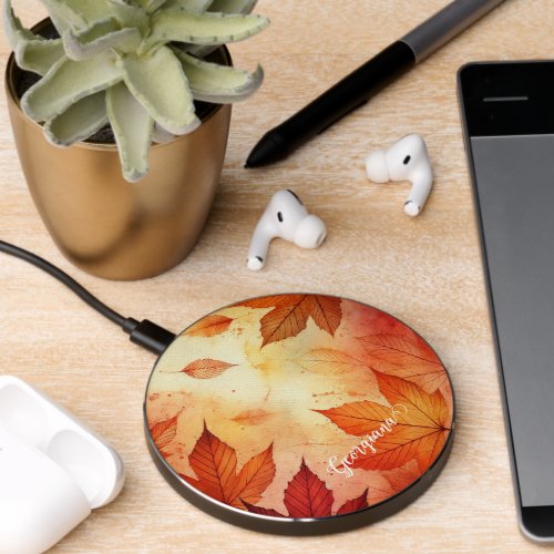 Personalized Warm Autumnal Watercolor Leaves Wireless Charger