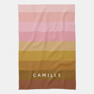 Personalized Warm Pink Terracotta Boho Stripes Kitchen Towel