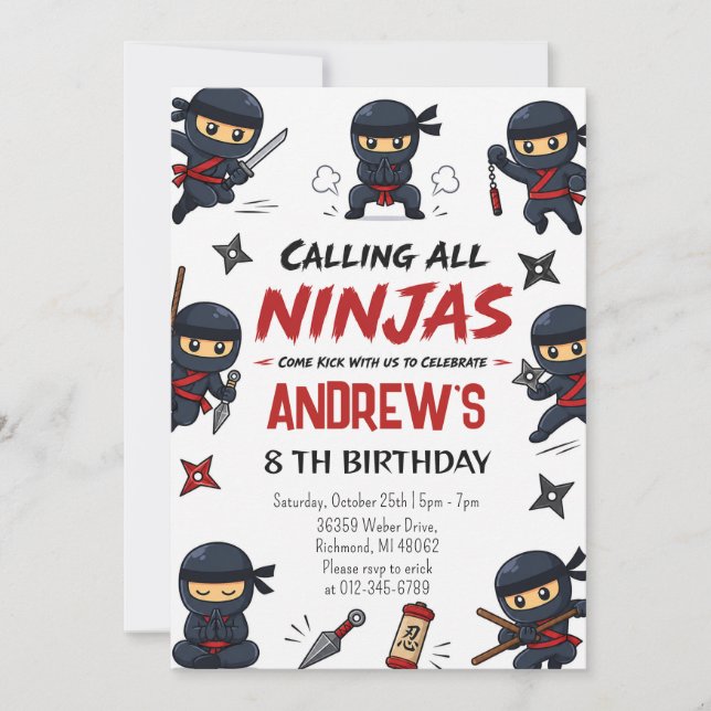 Personalized Warrior Ninja Birthday party Invitation (Front)