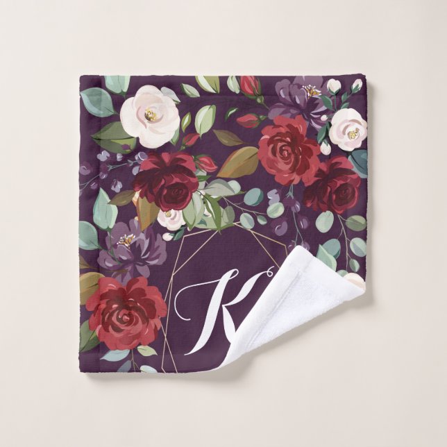Personalized Wash Cloth Plum Purple Roses Gold Geo (Wash Cloth)