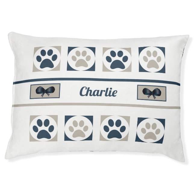 Personalized Washable Paw Print Dog Bed with Bows (Front)