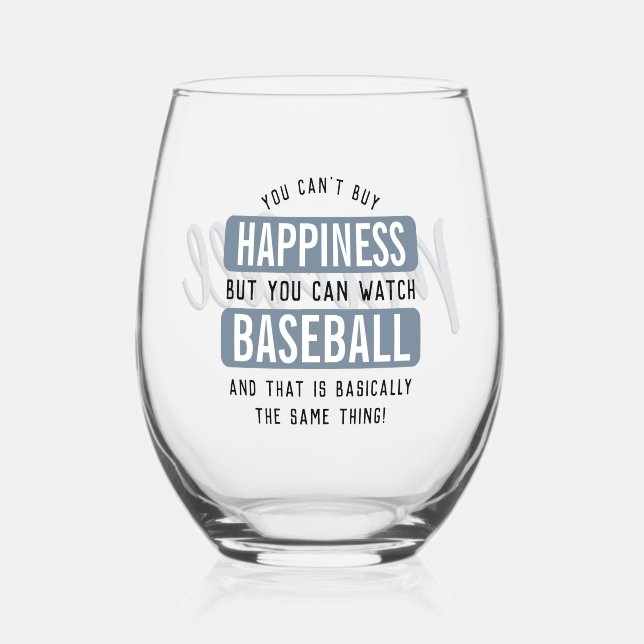 Personalized Watching Baseball is Happiness Funny Stemless Wine Glass (Front)