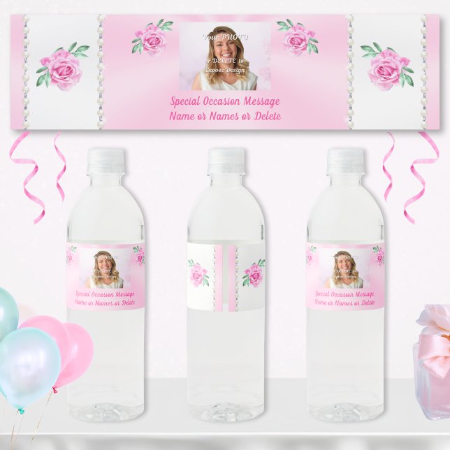 Personalized Water Bottle Labels for Birthday, ANY (Pink Water Bottle Labels. Pink birthday party supplies. Photo, Personalized water bottle labels.)