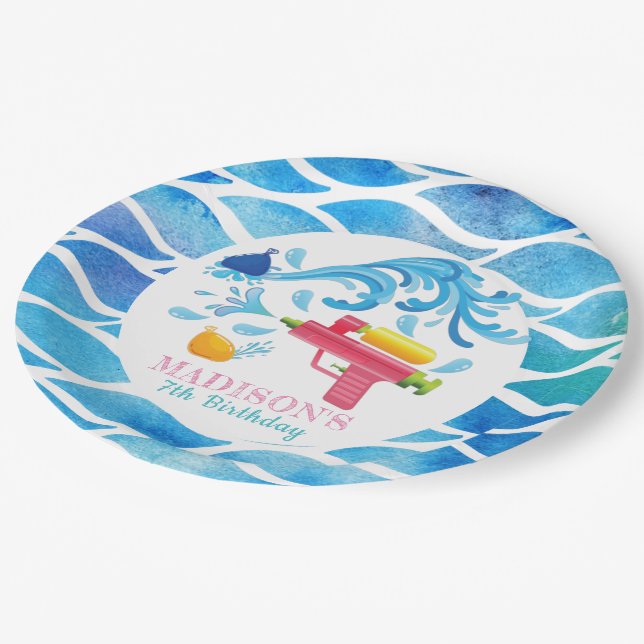 Personalized Water Gun Summer Girl Birthday Paper Plates (Angled)