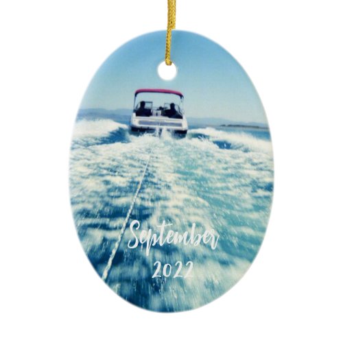 Personalized Water Sports Speed Boat Photo Oval Ceramic Ornament