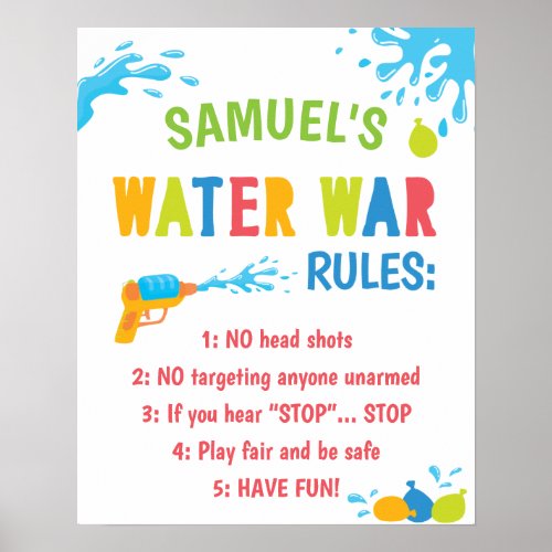 Personalized Water War Rules Birthday Party Sign