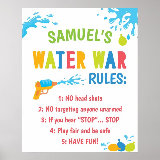 Personalized Water War Rules Birthday Party Sign (Front)