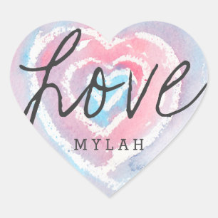 Personalized Watercolor and Crayon Heart Stickers