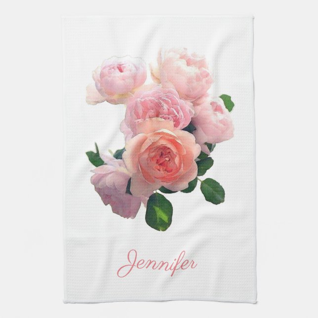 Personalized Watercolor Art Pink Red Roses Modern Kitchen Towel (Vertical)