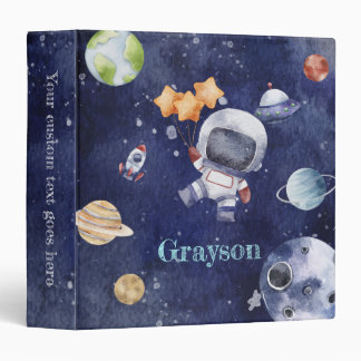 Personalized Watercolor Astronaut Galaxy Planet 3 Ring Binder