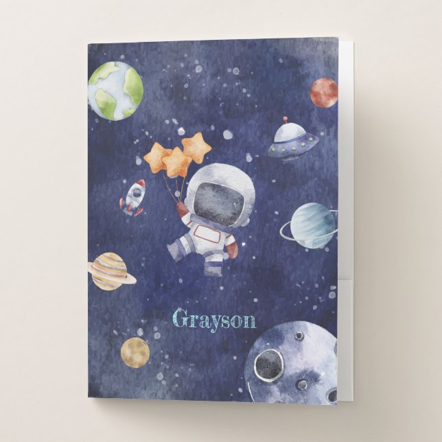 Personalized Watercolor Astronaut Galaxy Planet Pocket Folder (Front)