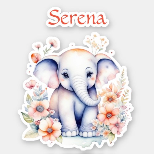Personalized Watercolor Baby Elephant Sticker