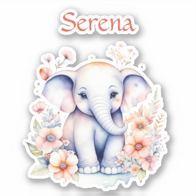 Personalized Watercolor Baby Elephant Sticker (Front)