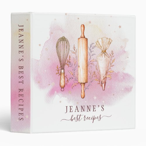 Personalized Watercolor Baking Utensils Recipe Bin 3 Ring Binder