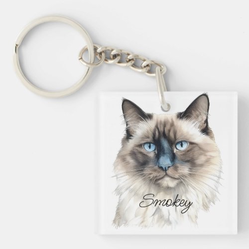 Personalized Watercolor Balinese Pet Photo Name on Keychain