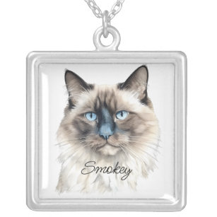 Personalized Watercolor Balinese Pet Photo Name on Silver Plated Necklace
