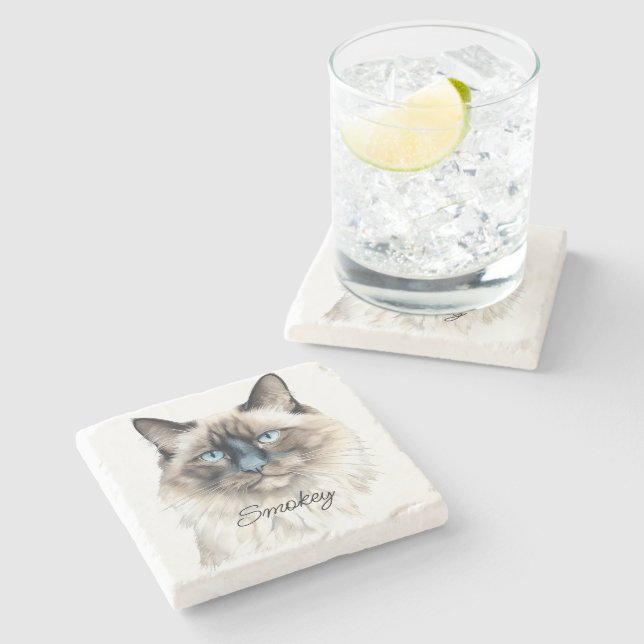 Personalized Watercolor Balinese Pet Photo Name on Stone Coaster (Side)