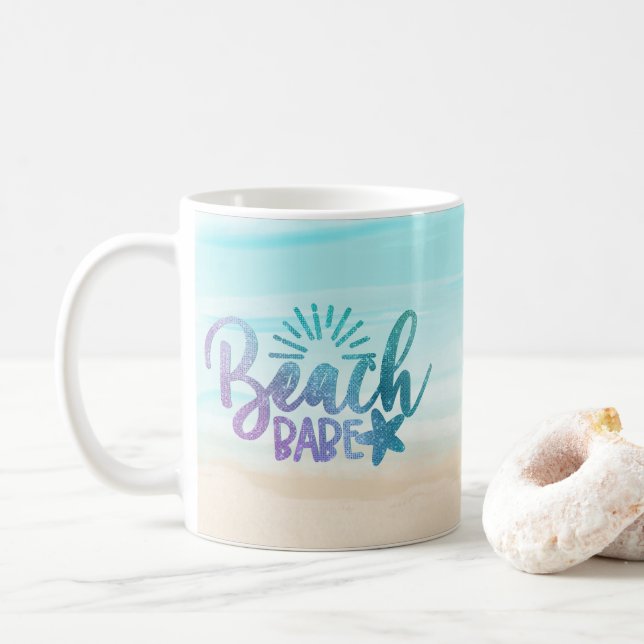 Personalized Watercolor Beach Babe Glitter Coffee Mug (With Donut)