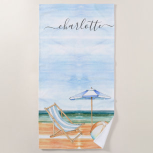 Personalized Watercolor Beach Chair Ball Umbrella Beach Towel