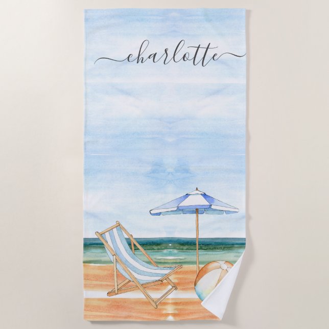 Personalized Watercolor Beach Chair Ball Umbrella Beach Towel (Front)