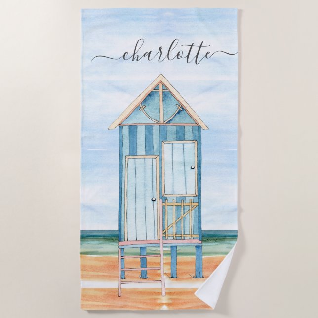 Personalized Watercolor Beach Hut  Beach Towel (Front)