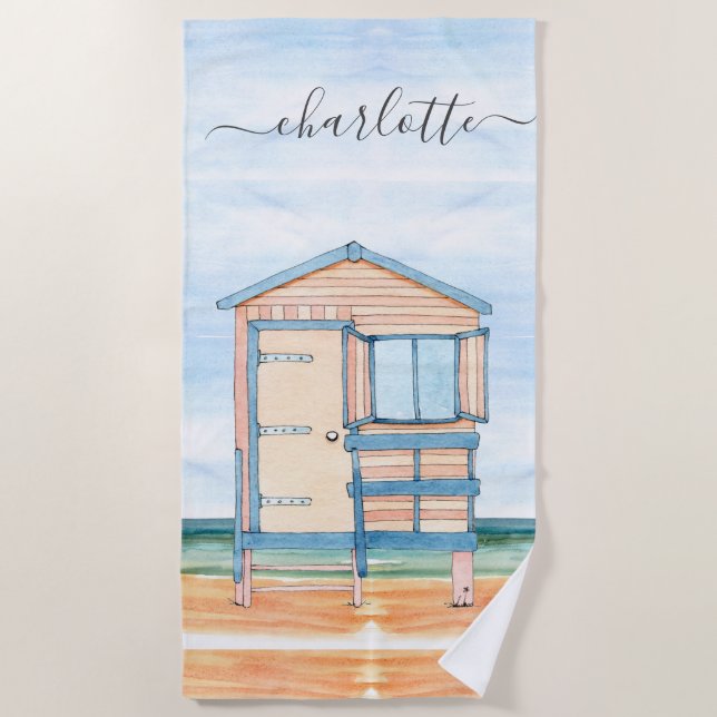 Personalized Watercolor Beach Hut  Towel (Front)