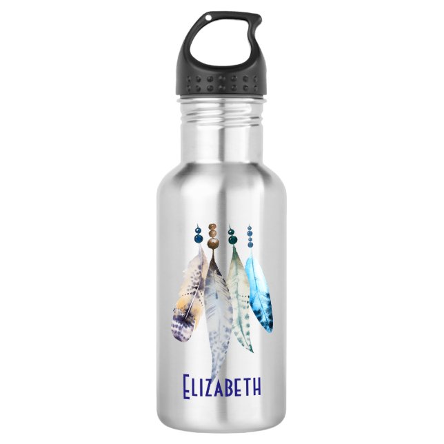 Personalized Watercolor Beads 'n Feathers Stainless Steel Water Bottle (Front)