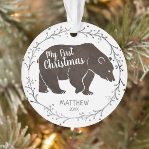 Personalized Watercolor Bear Baby First Christmas Ornament