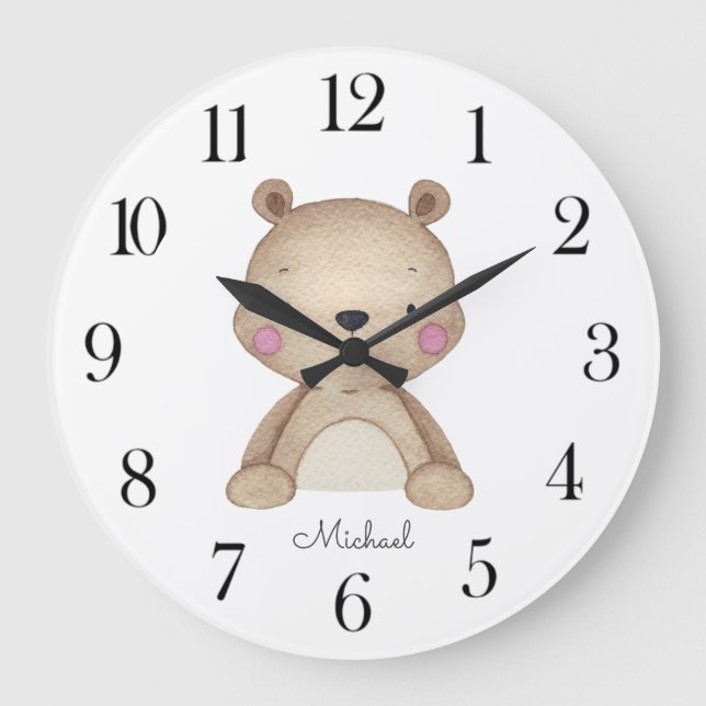 Personalized Watercolor Bear Nursery Large Clock (Front)