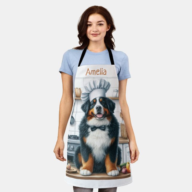 Personalized Watercolor Bernese Mountain Dog Chef  Apron (Worn)