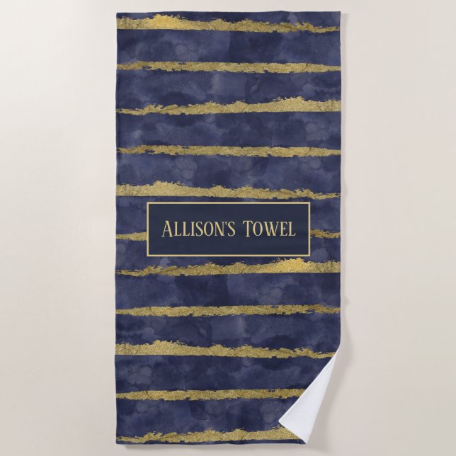 Personalized Watercolor Blue and Gold Look Beach Towel (Front)