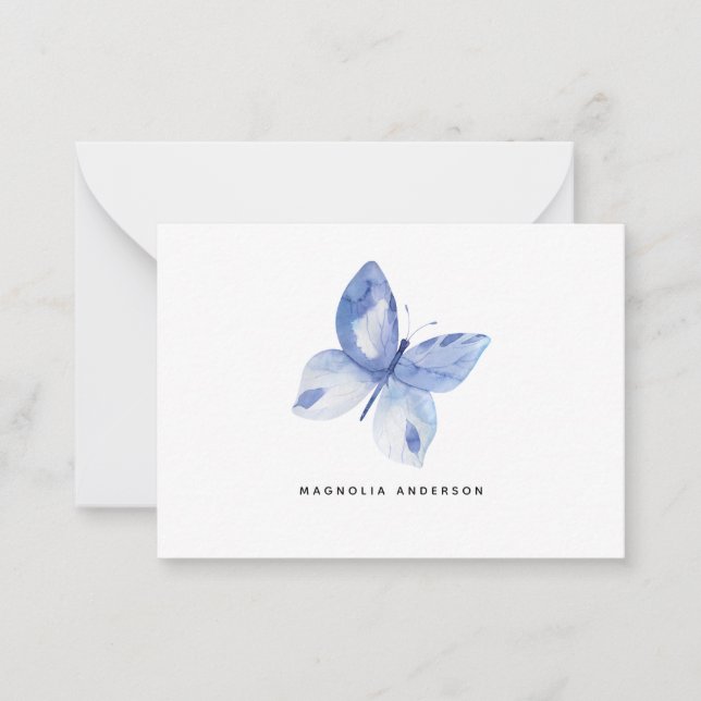 Personalized Watercolor Blue Butterfly Note Card (Front)