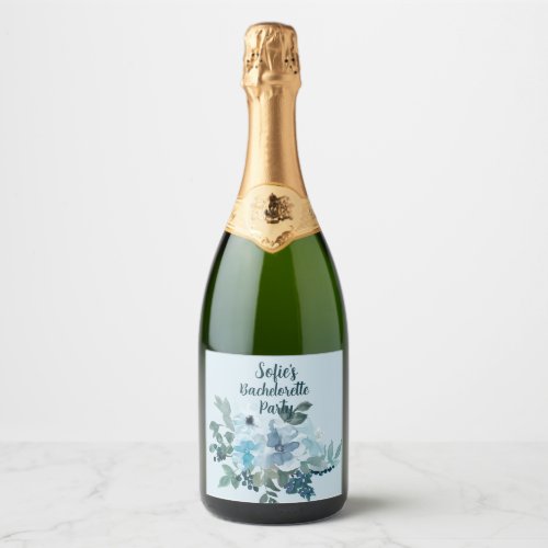 Personalized Watercolor Blue Floral Bachelorette Sparkling Wine Label