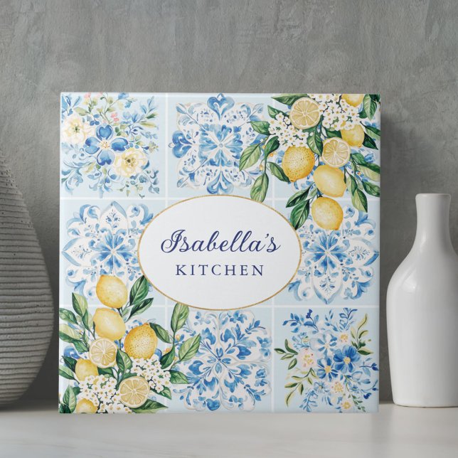 Personalized Watercolor Blue Italian Lemon Floral Ceramic Tile (In situ)