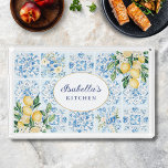 Personalized Watercolor Blue Italian Tile Lemon Acrylic Tray