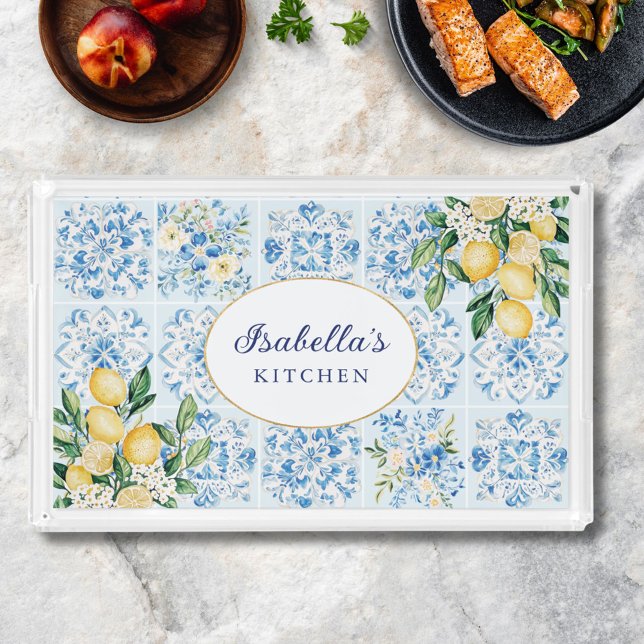 Personalized Watercolor Blue Italian Tile Lemon Acrylic Tray (In situ)