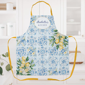 Personalized Watercolor Blue Italian Tile Lemon Apron