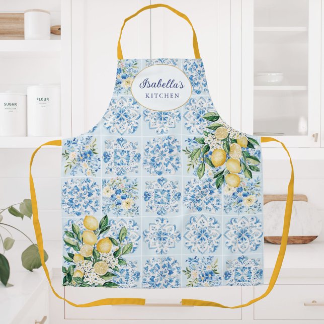 Personalized Watercolor Blue Italian Tile Lemon Apron (In situ)
