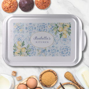 Personalized Watercolor Blue Italian Tile Lemon Cake Pan