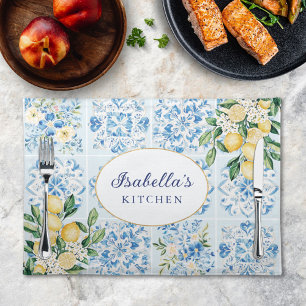 Personalized Watercolor Blue Italian Tile Lemon Cloth Placemat