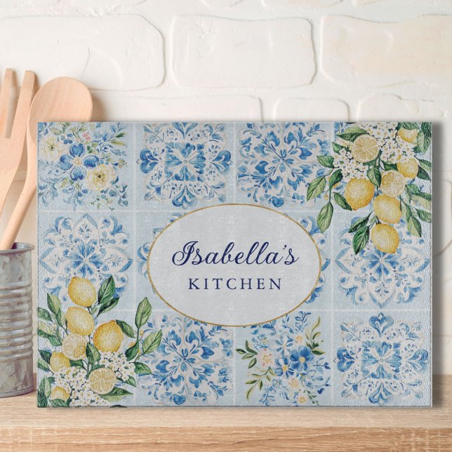 Personalized Watercolor Blue Italian Tile Lemon Cutting Board (In situ)