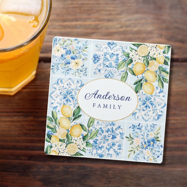 Personalized Watercolor Blue Italian Tile Lemon Glass Coaster (In situ)