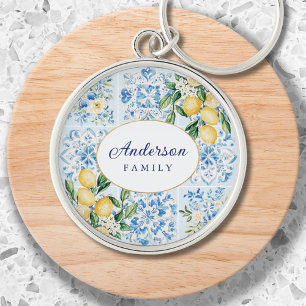 Personalized Watercolor Blue Italian Tile Lemon Keychain