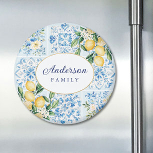Personalized Watercolor Blue Italian Tile Lemon Magnet