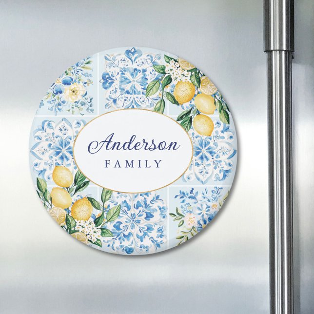 Personalized Watercolor Blue Italian Tile Lemon Magnet (In situ)