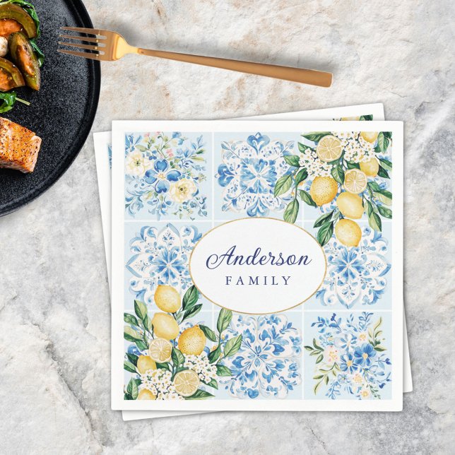 Personalized Watercolor Blue Italian Tile Lemon Napkins (In situ)