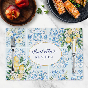 Personalized Watercolor Blue Italian Tile Lemon Placemat
